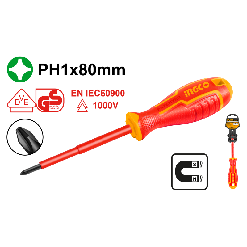 Atornillador Eléctrico Aislado 1000V PH1 x 80 mm INGCO | Seguridad y Precisión Atornillador Eléctrico Aislado 1000V PH1 x 80 mm INGCO | Seguridad y Precisión