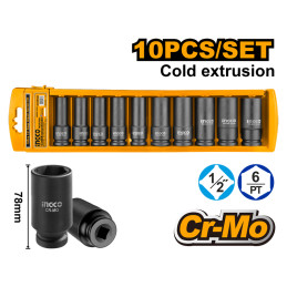 Set de Dados de Impacto Largos 1/2" DR 10 Pzs INGCO (HKISSD12102L) – 78 mm de Longitud