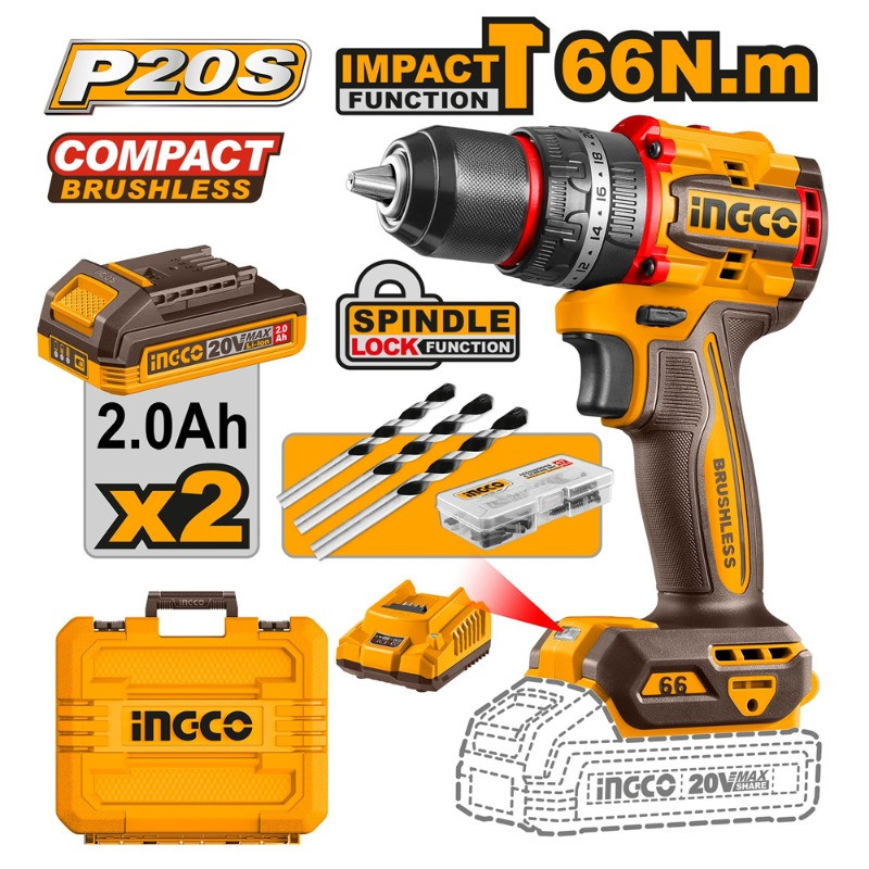 Taladro Atornillador de Impacto 20V 2 Bat. + Cargador + Accesorios | INGCO CIDLI20668 Taladro Atornillador de Impacto 20V 2 Bat. + Cargador + Accesorios | INGCO CIDLI20668